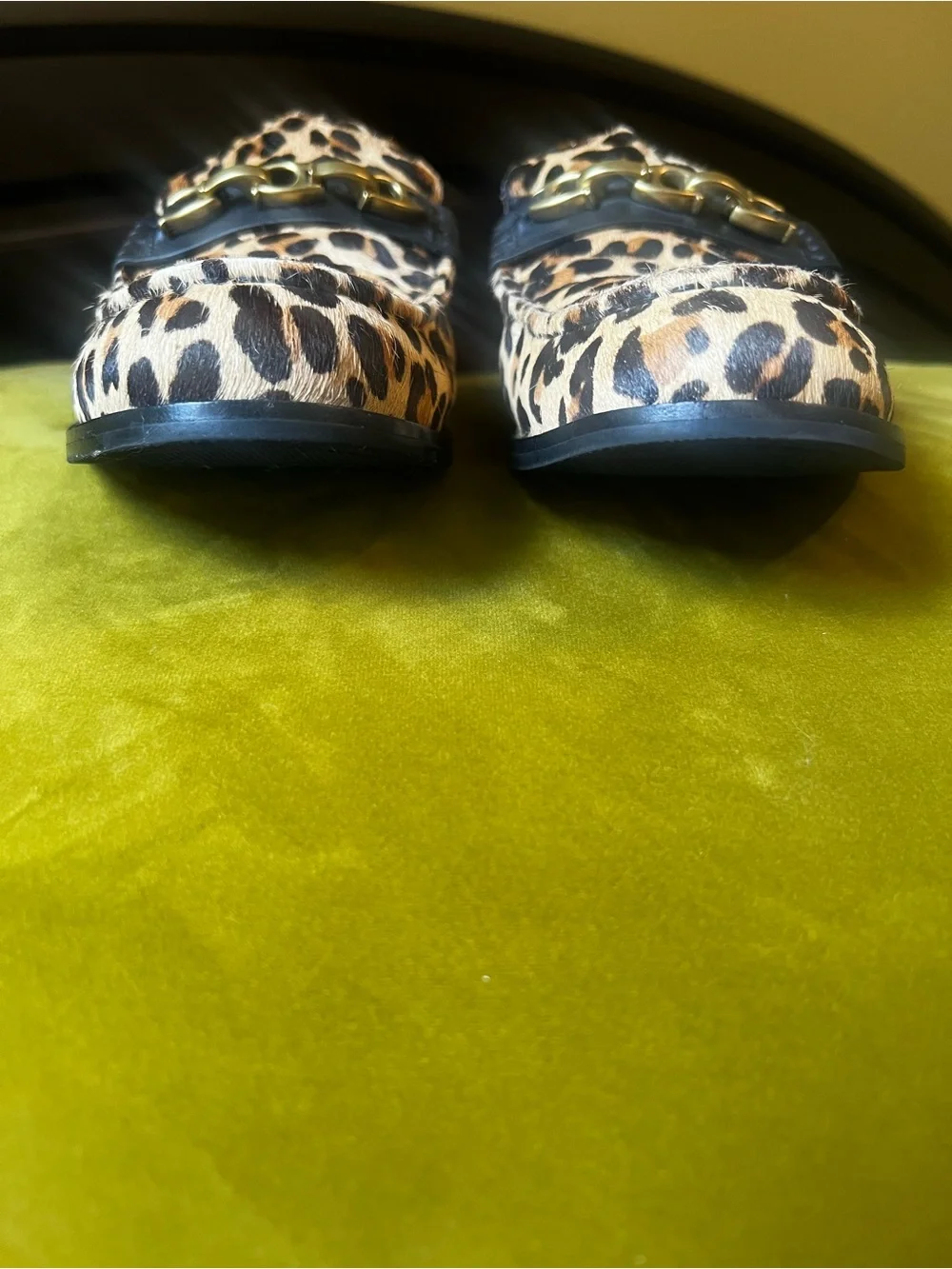 Coach Women's Leopard Print Loafers with Black Strap and Gold Chain